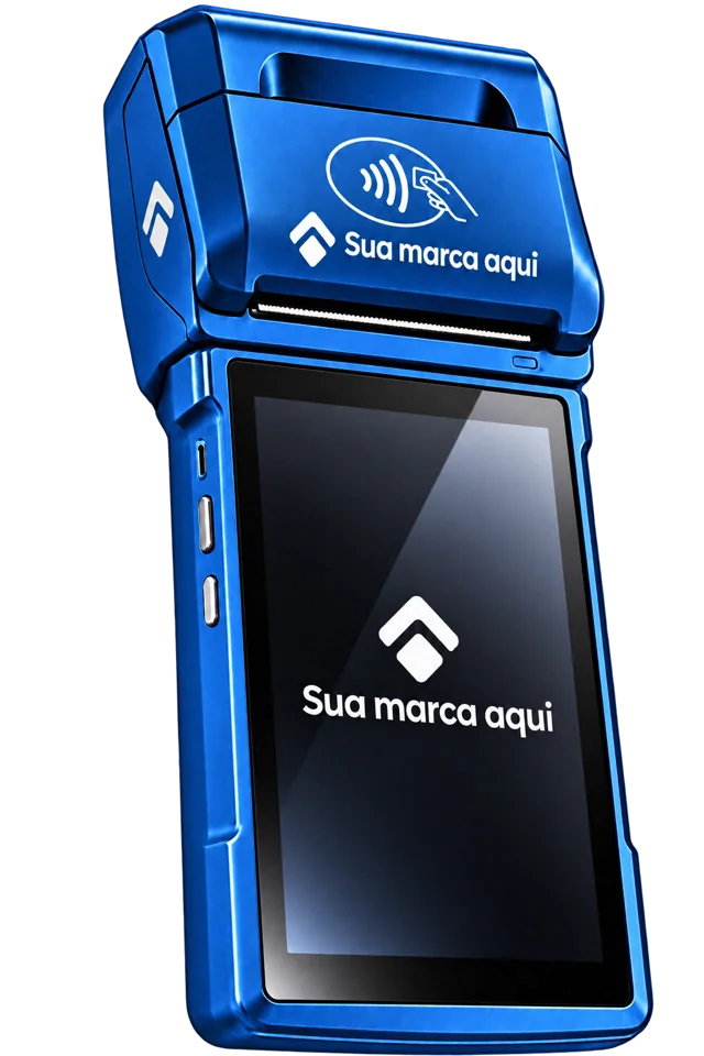 Maquininha azul com aplicação ilustrativa de marca própria