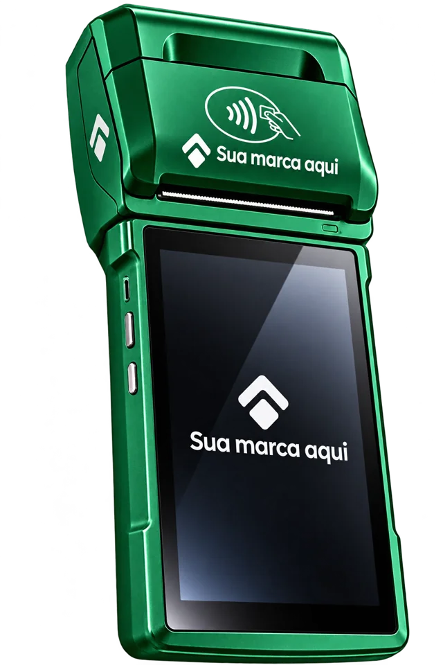Maquininha verde com aplicação ilustrativa de marca própria