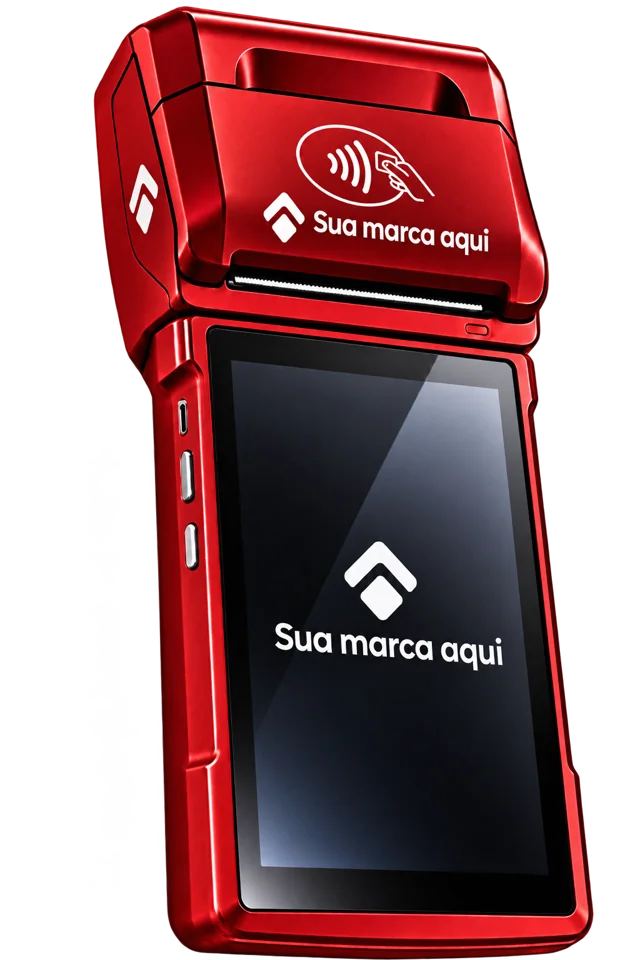 Maquininha vermelha com aplicação ilustrativa de marca própria